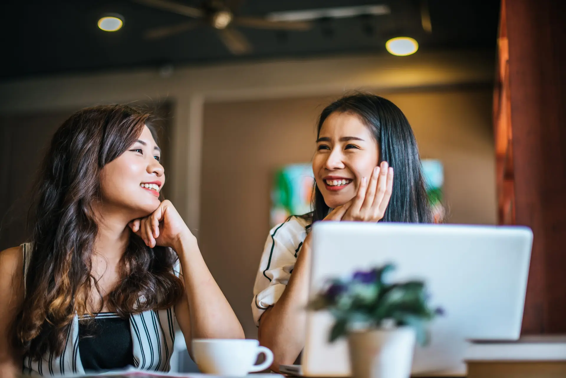 two beautiful women talking everything together at coffee shop cafe